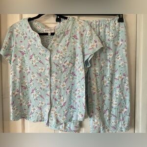 Encore Karen Neuburger Women’s Light Blue Floral Pajamas SS Top Crop Pant Sz MED